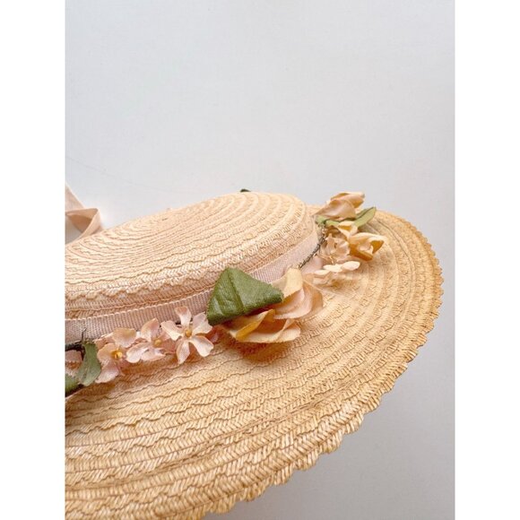 Vintage Pale Peach Pink Staw Faux Floral Grosgrain Ribbon Boater Hat - Picture 8 of 14